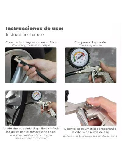 Pistola Para Inflado De Neumáticos Con Manometro, Inflador de Neumaticos, Pistola Aire Comprimido Neumaticos, Pistola Compresor