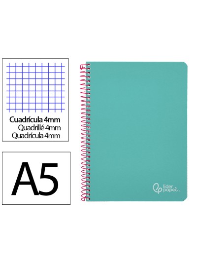 Cuaderno espiral liderpapel din a5 witty tapa dura 80h 90gr cuadro 4mm con margen color turquesa