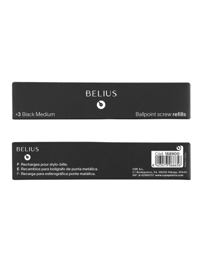 Recambio boligrafo belius negro 0,8 mm caja 3 unidades
