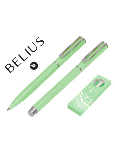 Juego boligrafo y roller belius endless summer aluminio color verde y plateado tinta azul caja de diseño