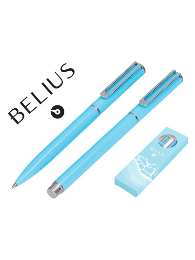 Juego boligrafo y roller belius endless summer aluminio color celeste y plateado tinta azul caja de diseño
