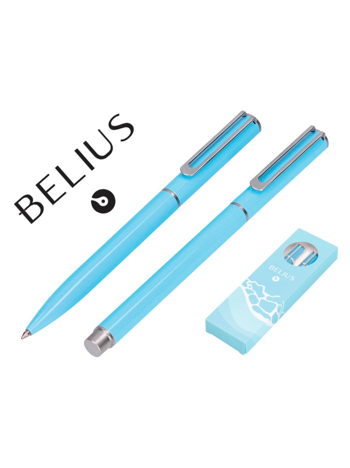 Juego boligrafo y roller belius endless summer aluminio color celeste y plateado tinta azul caja de diseño Juego boligrafo y roller belius endless summer aluminio color celeste y plateado tinta azul caja de diseño