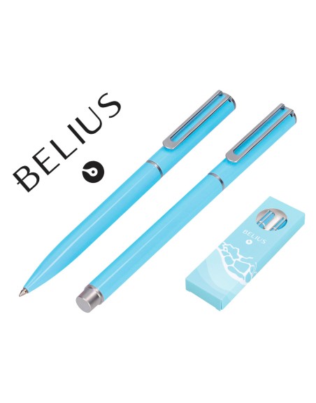 Juego boligrafo y roller belius endless summer aluminio color celeste y plateado tinta azul caja de diseño