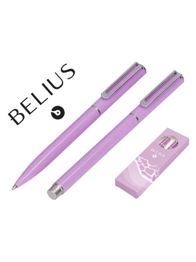 Juego boligrafo y roller belius endless summer aluminio color morado y plateado tinta azul caja de diseño