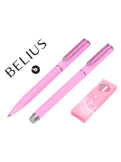 Juego boligrafo y roller belius endless summer aluminio color rosa y plateado tinta azul caja de diseño