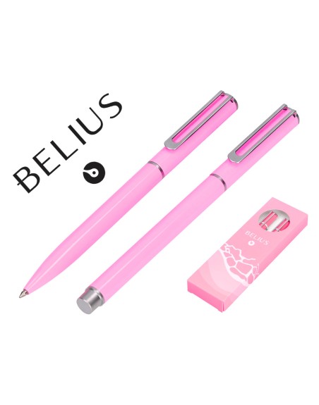 Juego boligrafo y roller belius endless summer aluminio color rosa y plateado tinta azul caja de diseño