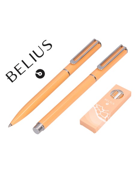Juego boligrafo y roller belius endless summer aluminio color naranja y plateado tinta azul caja de diseño
