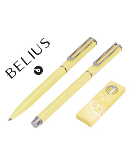 Juego boligrafo y roller belius endless summer aluminio color amarillo y plateado tinta azul caja de diseño