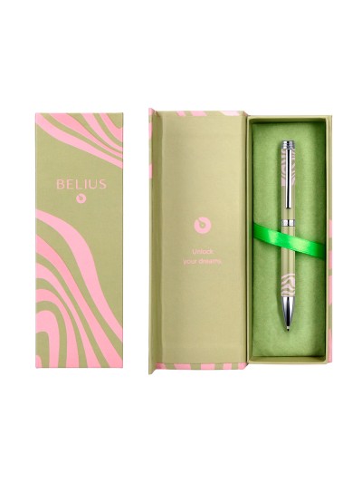 Boligrafo belius ink dreams aluminio color verde matcha y rosa plateado frase interior tinta azul caja de diseño