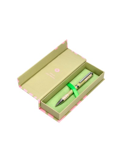 Boligrafo belius ink dreams aluminio color verde matcha y rosa plateado frase interior tinta azul caja de diseño