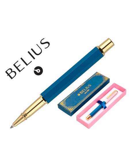 Boligrafo belius macaron bliss forma hexagonal color rosa/ azul y dorado tinta azul caja de diseño