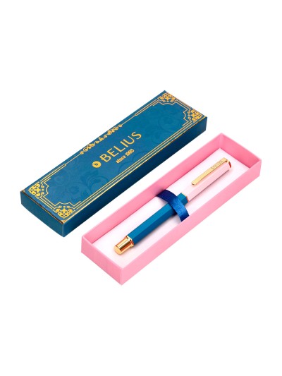 Boligrafo belius macaron bliss forma hexagonal color rosa/ azul y dorado tinta azul caja de diseño