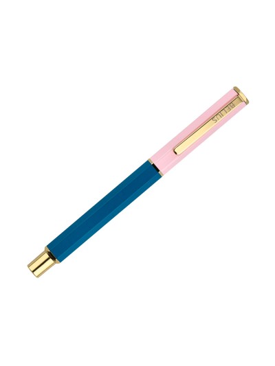 Boligrafo belius macaron bliss forma hexagonal color rosa/ azul y dorado tinta azul caja de diseño