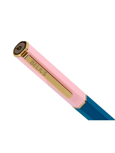 Boligrafo belius macaron bliss forma hexagonal color rosa/ azul y dorado tinta azul caja de diseño