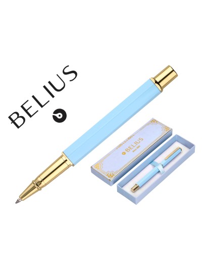 Boligrafo belius macaron bliss forma hexagonal color celeste y dorado tinta azul caja de diseño