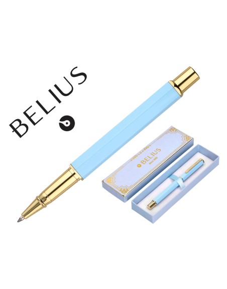 Boligrafo belius macaron bliss forma hexagonal color celeste y dorado tinta azul caja de diseño