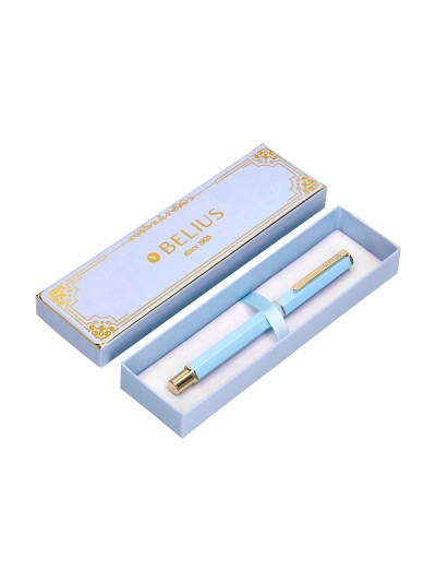 Boligrafo belius macaron bliss forma hexagonal color celeste y dorado tinta azul caja de diseño