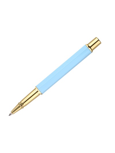 Boligrafo belius macaron bliss forma hexagonal color celeste y dorado tinta azul caja de diseño