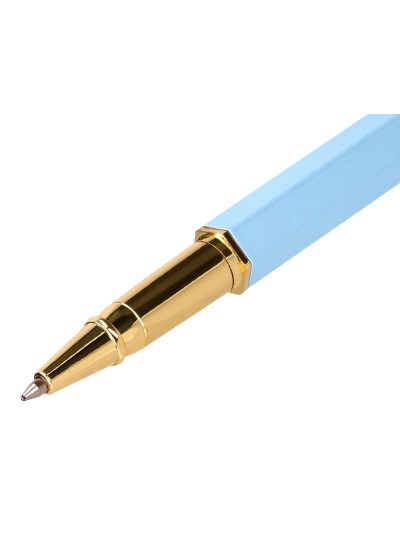 Boligrafo belius macaron bliss forma hexagonal color celeste y dorado tinta azul caja de diseño