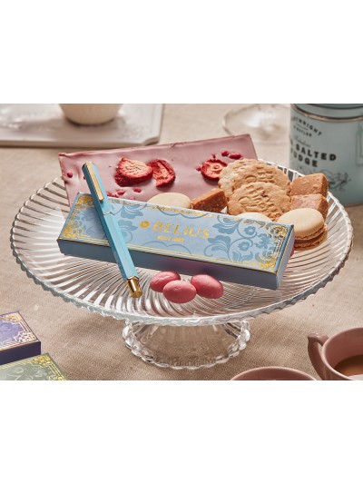 Boligrafo belius macaron bliss forma hexagonal color celeste y dorado tinta azul caja de diseño