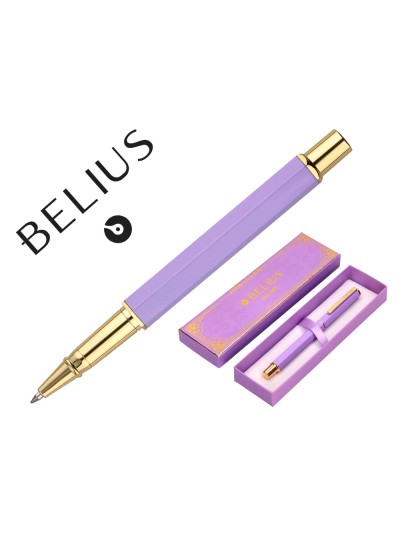 Boligrafo belius macaron bliss forma hexagonal color morado y dorado tinta azul caja de diseño