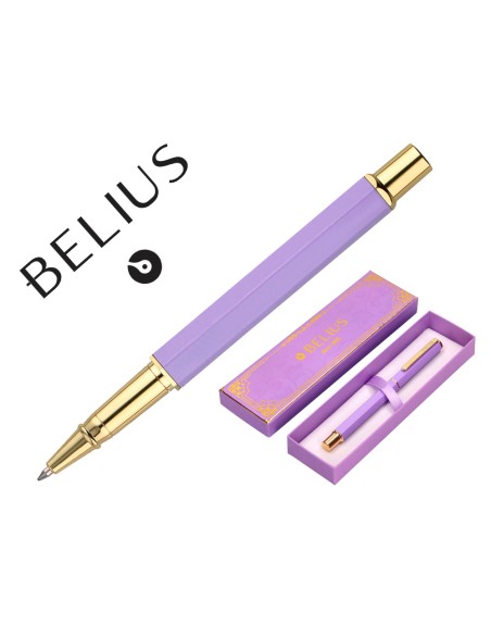 Boligrafo belius macaron bliss forma hexagonal color morado y dorado tinta azul caja de diseño