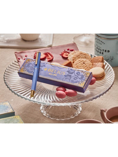 Boligrafo belius macaron bliss forma hexagonal color morado y dorado tinta azul caja de diseño