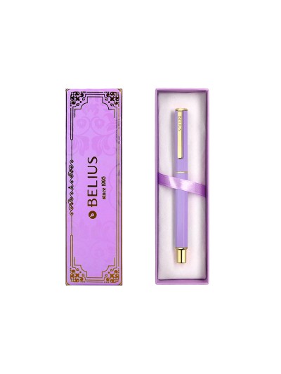 Boligrafo belius macaron bliss forma hexagonal color morado y dorado tinta azul caja de diseño