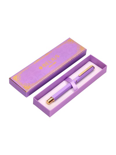 Boligrafo belius macaron bliss forma hexagonal color morado y dorado tinta azul caja de diseño