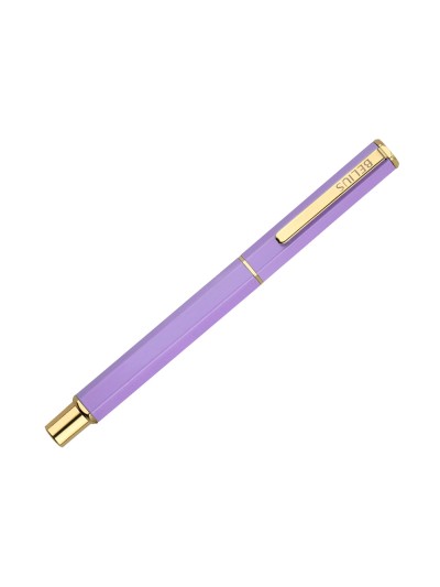 Boligrafo belius macaron bliss forma hexagonal color morado y dorado tinta azul caja de diseño