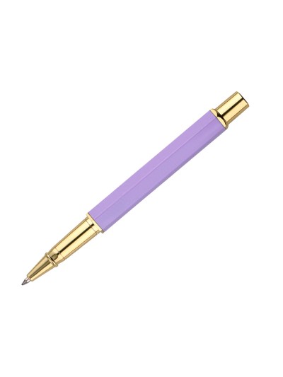 Boligrafo belius macaron bliss forma hexagonal color morado y dorado tinta azul caja de diseño