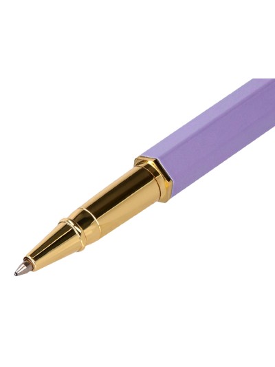 Boligrafo belius macaron bliss forma hexagonal color morado y dorado tinta azul caja de diseño