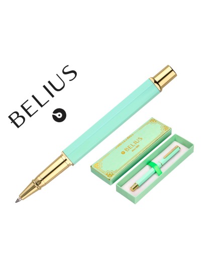 Boligrafo belius macaron bliss forma hexagonal color verde dorado tinta azul caja de diseño