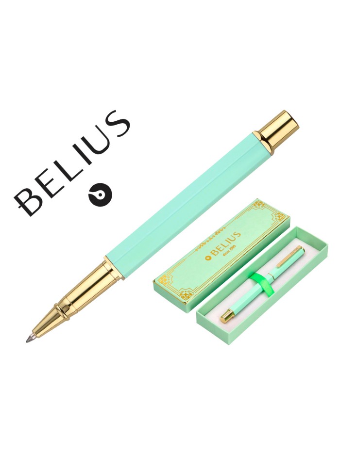 Boligrafo belius macaron bliss forma hexagonal color verde dorado tinta azul caja de diseño Boligrafo belius macaron bliss forma hexagonal color verde dorado tinta azul caja de diseño