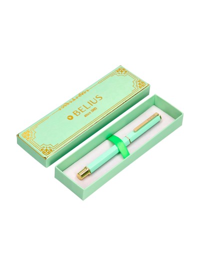 Boligrafo belius macaron bliss forma hexagonal color verde dorado tinta azul caja de diseño