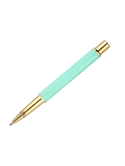 Boligrafo belius macaron bliss forma hexagonal color verde dorado tinta azul caja de diseño