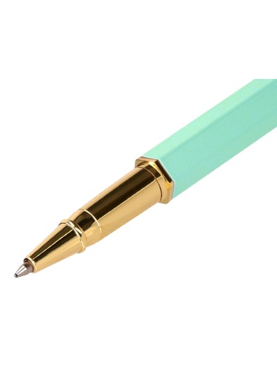 Boligrafo belius macaron bliss forma hexagonal color verde dorado tinta azul caja de diseño