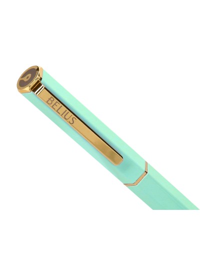 Boligrafo belius macaron bliss forma hexagonal color verde dorado tinta azul caja de diseño