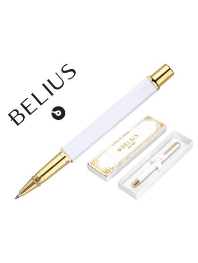 Boligrafo belius macaron bliss forma hexagonal color blanco y dorado tinta azul caja de diseño