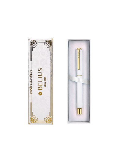 Boligrafo belius macaron bliss forma hexagonal color blanco y dorado tinta azul caja de diseño