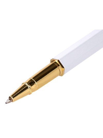 Boligrafo belius macaron bliss forma hexagonal color blanco y dorado tinta azul caja de diseño