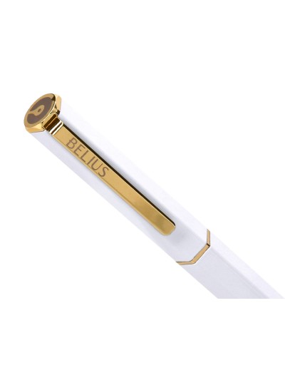 Boligrafo belius macaron bliss forma hexagonal color blanco y dorado tinta azul caja de diseño