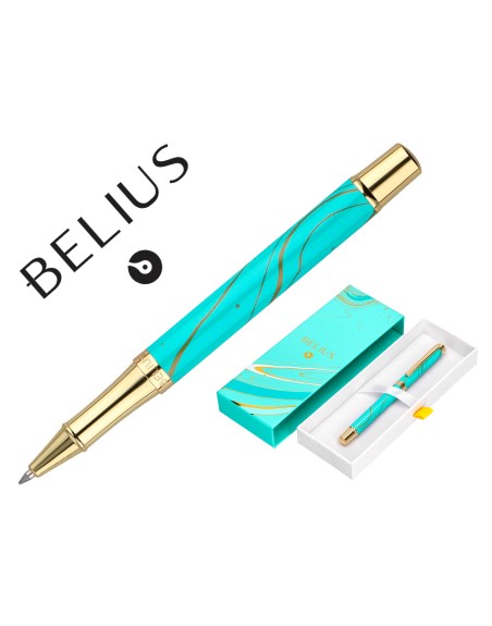 Roller belius aqua aluminio color turquesa y dorado tinta negra caja de diseño