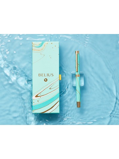 Roller belius aqua aluminio color turquesa y dorado tinta negra caja de diseño