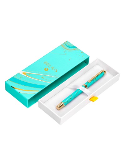Roller belius aqua aluminio color turquesa y dorado tinta negra caja de diseño