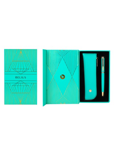 Pluma y estuche belius soiree color art deco turquesa dorado tinta azul caja de diseño