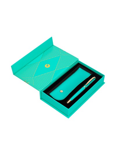 Pluma y estuche belius soiree color art deco turquesa dorado tinta azul caja de diseño