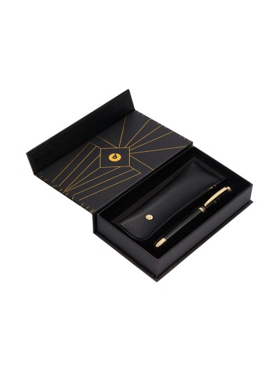 Pluma y estuche belius soiree color art deco negro y dorado tinta azul caja de diseño