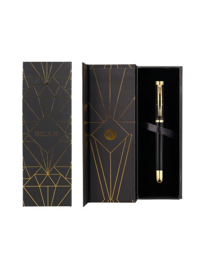 Boligrafo belius soiree aluminio color art deco negro y dorado tinta azul caja de diseño