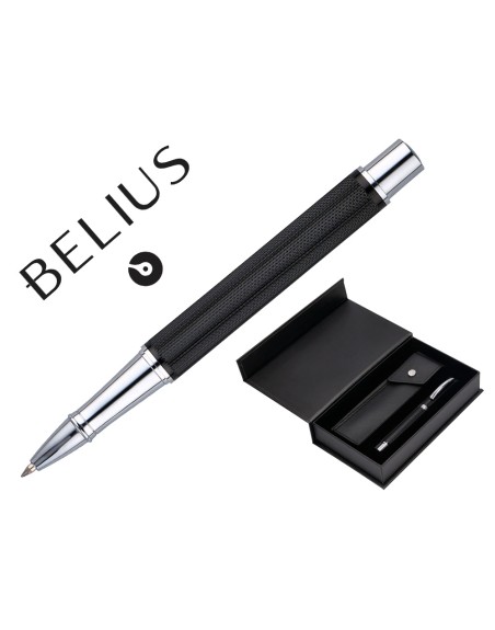 Roller y estuche belius turbo aluminio textura punteada negro plateado tinta azul caja de diseño
